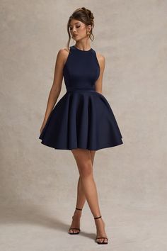 Waverly Navy Racer-Neck Sleeveless Skater Mini Dress – Club L London - USA Confirmation Dresses, Skater Mini Dress, Prom Inspo, Black Dress Prom, Tie Collar, Strappy Stilettos, Black Tie Gala, Party Dress Long Sleeve, Mini Skater Dress