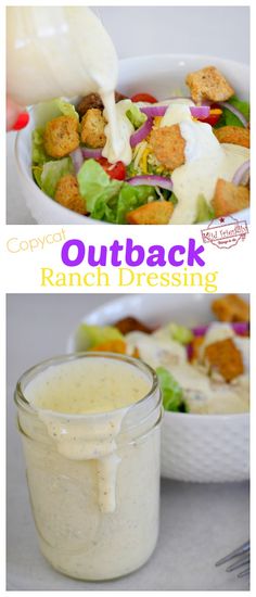 two pictures with different types of food in them and the words outback ranch dressing