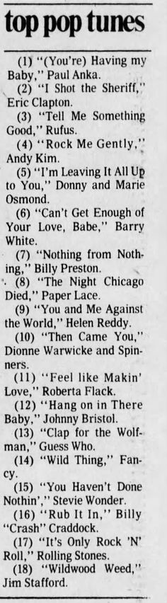 an old newspaper article with the names of various popular pop tunes in black and white