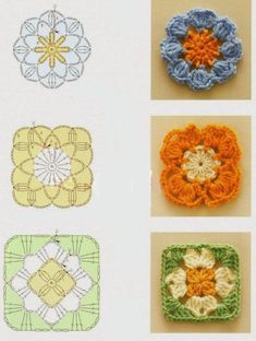 four crocheted flower designs are shown in different colors and sizes, each with an orange center