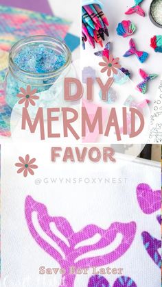 the words diy mermaid flavor are shown in pink, blue and purple colors on white paper