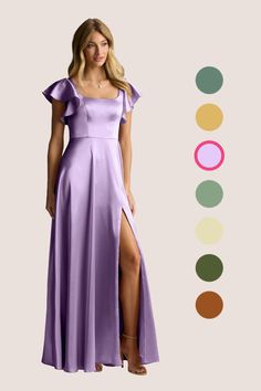 a woman in a long purple dress standing next to a color swat list with different colors