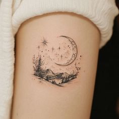 Dainty Tattoos Tattoo Master Files Side Of Ankle Tattoo, Mountain And Stars Tattoo, To The Stars Who Listen And The Dreams Tattoo, Starry Sky Tattoo, Unique Nature Tattoos, Space Themed Tattoos, Night Sky Tattoo, Nature Inspired Tattoos, Stargazing Tattoo