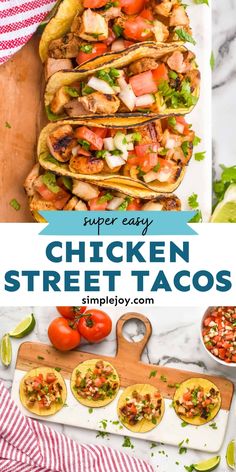 chicken street tacos on a cutting board with tomatoes and cilantro