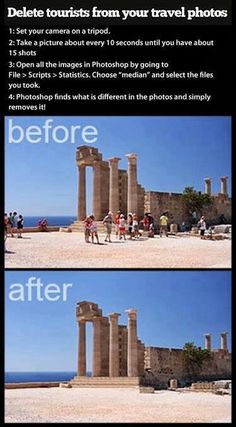 the before and after photoshopped image shows people standing in front of an ancient building