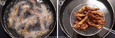 two pictures of fried food being cooked in a frying pan