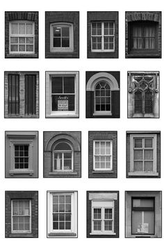 black and white photograph of windows in different styles