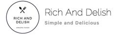 the logo for rich and delish is shown in black and white, with an oval shape