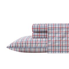 a plaid sheet set with red, white and blue sheets