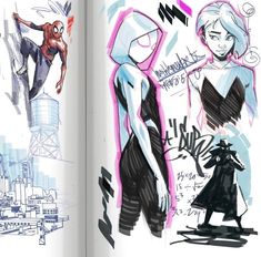 an open book with drawings of people and buildings in the background, including spider - man