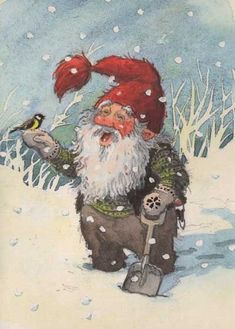 a painting of a gnome with a bird in his hand and snow on the ground