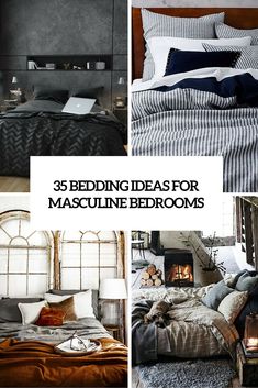 the bedding ideas for masculine bedroom is laid out on top of each other