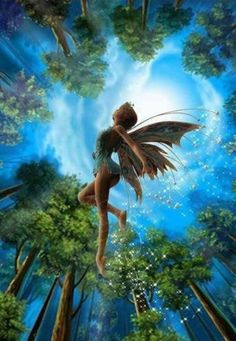 a painting of a fairy flying through the air in front of trees and blue sky