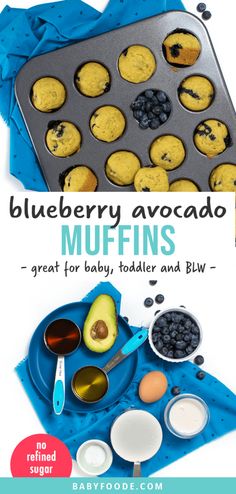 blueberry avocado muffins in a muffin pan with ingredients to make them