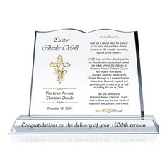 a glass plaque with an image of the crucifix on it, and text that reads congratulations to the clergy of your 150th senior son