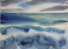 an abstract painting with blue, green and white waves in the ocean on a cloudy day