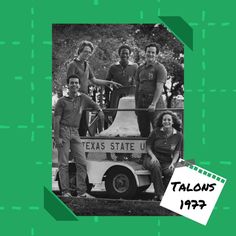 a group of men standing next to each other in front of a sign that says, texas state u