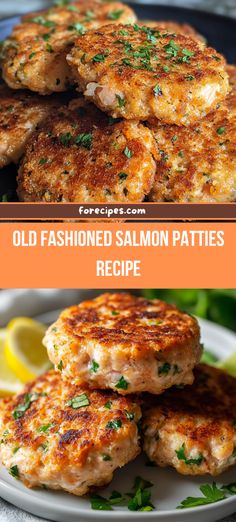 old fashioned salmon patties recipe on a plate with lemon wedges