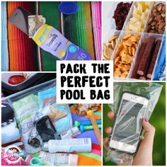 various pictures with text that says pack the perfect pool bag