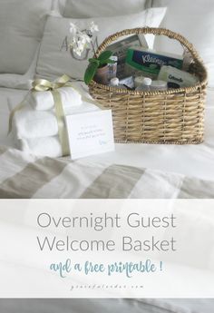 a basket filled with personal items sitting on top of a bed next to a pillow