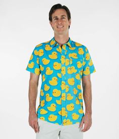 Be honest - bath time is just better when there's a rubber duck floating around your sud-soaked toes. This summer, we're paying homage to our favorite bath time toy with this Men's Rubber Ducky Hawaiian Shirt, which is just begging wearers to jump on in and have a swim. The bright yellows and blues will ensure you're never missed at beach parties, barbecues, or even just as you make your way down the hall for a soak. Duck Float, Black Hawaiian Shirt, Duck Shirt, Tipsy Elves, Elf Shirt, Beach Parties, Tropical Shirts, Hawaiian Shorts, Rubber Ducky