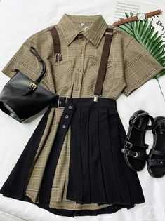 チェックアシンメトリースカートロングシャツセットアップ - Belchic Asymmetric Skirt, Cute Dress Outfits, Dress Design Sketches, Skirt Long, Fashion Inspiration Design, Simple Trendy Outfits, Asymmetrical Skirt