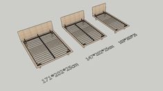 three wooden beds with metal slats are shown in the same direction as each bed