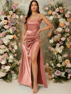 Dusty Pink  Collar Sleeveless Fabric Plain A Line Embellished Non-Stretch All Weddings & Events Charmeuse Bridesmaid Dress, Winter Dance, Vestidos Color Rosa, 파티 드레스, Party Kleidung, Satin Cami, Dress Dusty, Split Dress, Women Formals