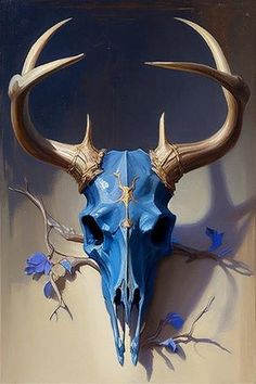 a painting of a bull's skull with long horns and blue flowers on it