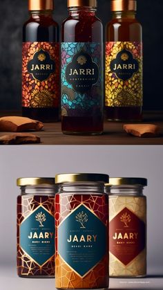 three jars of jams with labels on them, one is red and the other is blue