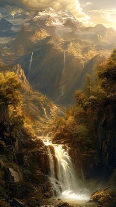 a painting of a waterfall with mountains in the background and water flowing down it's sides