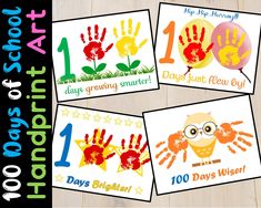 four handprinted cards with numbers and images for children's birthdays, including one