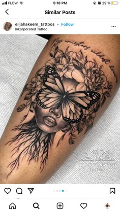 a woman's face with flowers and butterflies on her leg, next to the caption