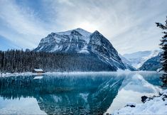 a lake surrounded by snow covered mountains and evergreen trees