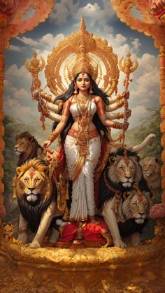 a painting of a woman surrounded by lions