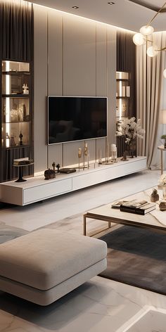 modern living room with white furniture and large screen tv