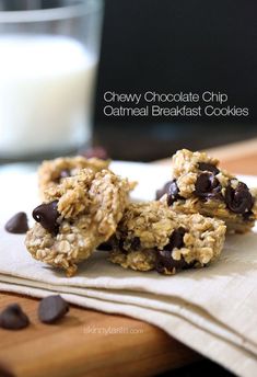 chewy chocolate chip oatmeal breakfast cookies on a napkin next to a glass of milk