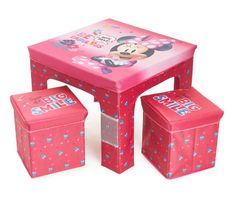 a pink children's table and two stools with mickey mouse designs on them