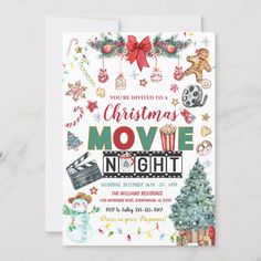 a christmas movie night party card with an image of a tree and presents on it