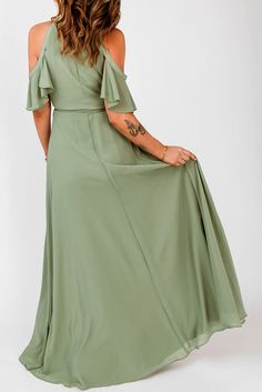 Green Cold Shoulder Flutter Sleeves Maxi Dress Summer Sage Dress With Ruffles, Summer Bridesmaid Maxi Dress With Flutter Sleeves, Flowy Chiffon Dresses With Ruffle Sleeves, Flowy Bridesmaid Dress With Ruffle Hem, Spring Maxi Dress With Flutter Sleeves, Flowy Skirt Dress With Ruffles, Flowy Flutter Sleeve Maxi Dress For Bridesmaids, Solid Color Flutter Sleeve Spring Dresses, Solid Color Flutter Sleeve Dresses For Spring