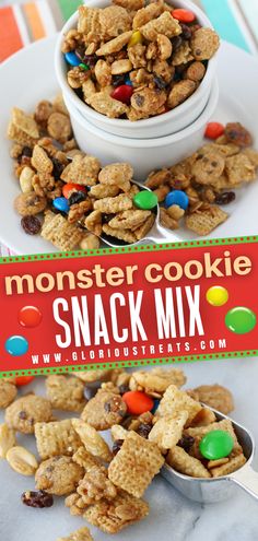 monster cookie snack mix on a white plate