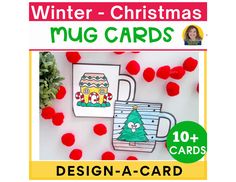 a christmas mug card with pom poms around it