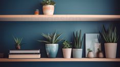 there are many potted plants and books on the shelves in front of each other