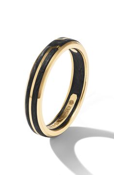 18-karat yellow gold. Forged carbon. Ring, 4mm. Made in the USA. Elephant Hair Ring Gold, Elephant Hair Ring, Elephant Hair, Black Band Ring, Baguette Diamond Band, Gold Finger Rings, Mangalsutra Design, Black Beads Mangalsutra, David Yurman Ring