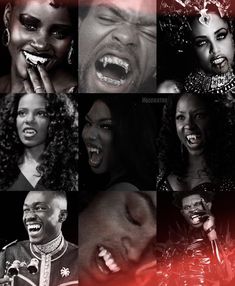 a collage of black and white images with people singing into microphones, one woman has her mouth open while the other is laughing