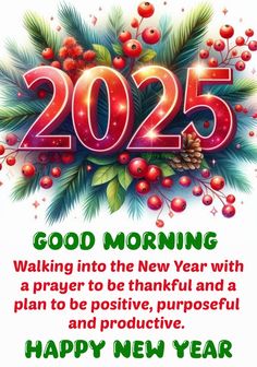 a happy new year card with the words 2055 on it and holly branches, pine cones