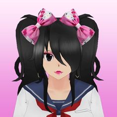 Yandere Hairstyles, Black Pigtails, Yandere Oc, School Bully, Eyeshadow Black, Japanese Birthday, Pink Hello Kitty, Black Fishnets