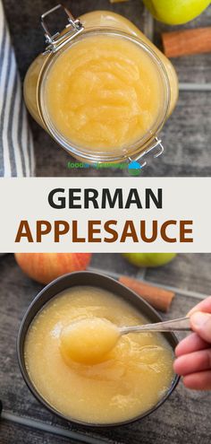 a person holding a spoon over a bowl of applesauce with an apple in the background