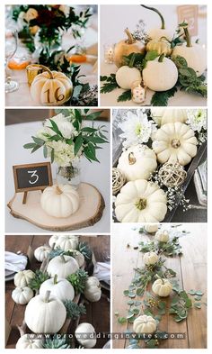 white pumpkins and greenery are arranged on the table for this fall centerpiece