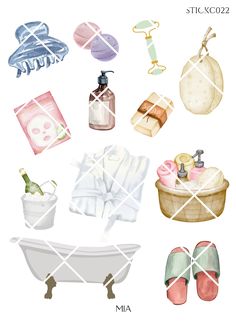 watercolor illustration of bathroom items in different colors and sizes, including towels, soaps, bathtub, slippers, etc